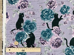 リネンコットンキャンバスプリント生地 黒猫と薔薇